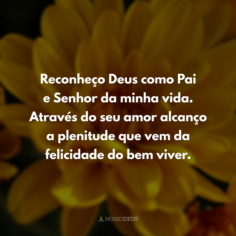 Reconheço Deus como Pai e Senhor da minha vida. Através do seu amor alcanço a plenitude que vem da felicidade do bem viver. 