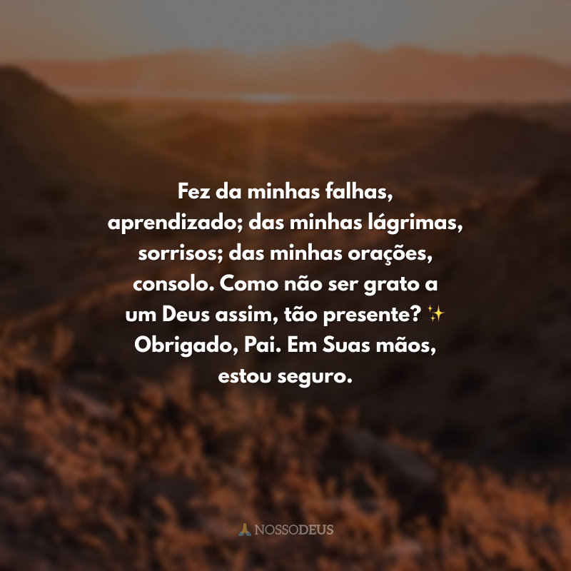 Fez da minhas falhas, aprendizado; das minhas lágrimas, sorrisos; das minhas orações, consolo. Como não ser grato a um Deus assim, tão presente? ✨ Obrigado, Pai. Em Suas mãos, estou seguro.