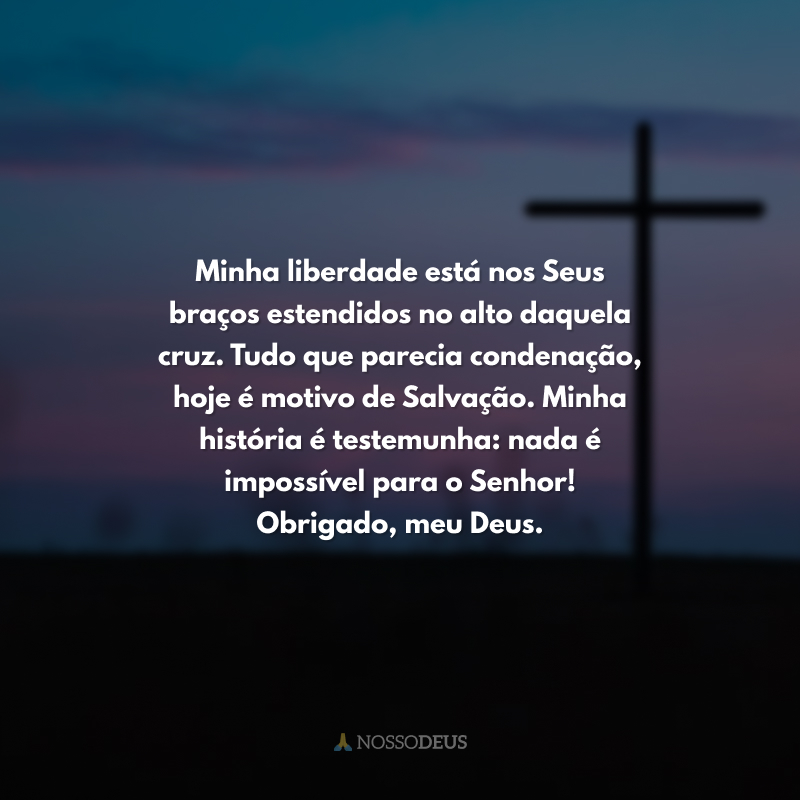 Minha liberdade está nos Seus braços estendidos no alto daquela cruz. Tudo que parecia condenação, hoje é motivo de Salvação. Minha história é testemunha: nada é impossível para o Senhor! Obrigado, meu Deus.
