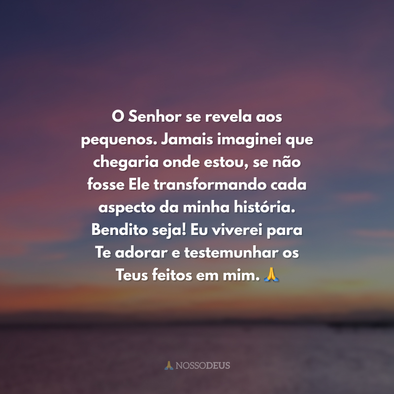 O Senhor se revela aos pequenos. Jamais imaginei que chegaria onde estou, se não fosse Ele transformando cada aspecto da minha história. Bendito seja! Eu viverei para Te adorar e testemunhar os Teus feitos em mim. 🙏