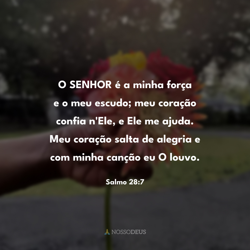 O SENHOR é a minha força e o meu escudo; meu coração confia n'Ele, e Ele me ajuda. Meu coração salta de alegria e com minha canção eu O louvo.